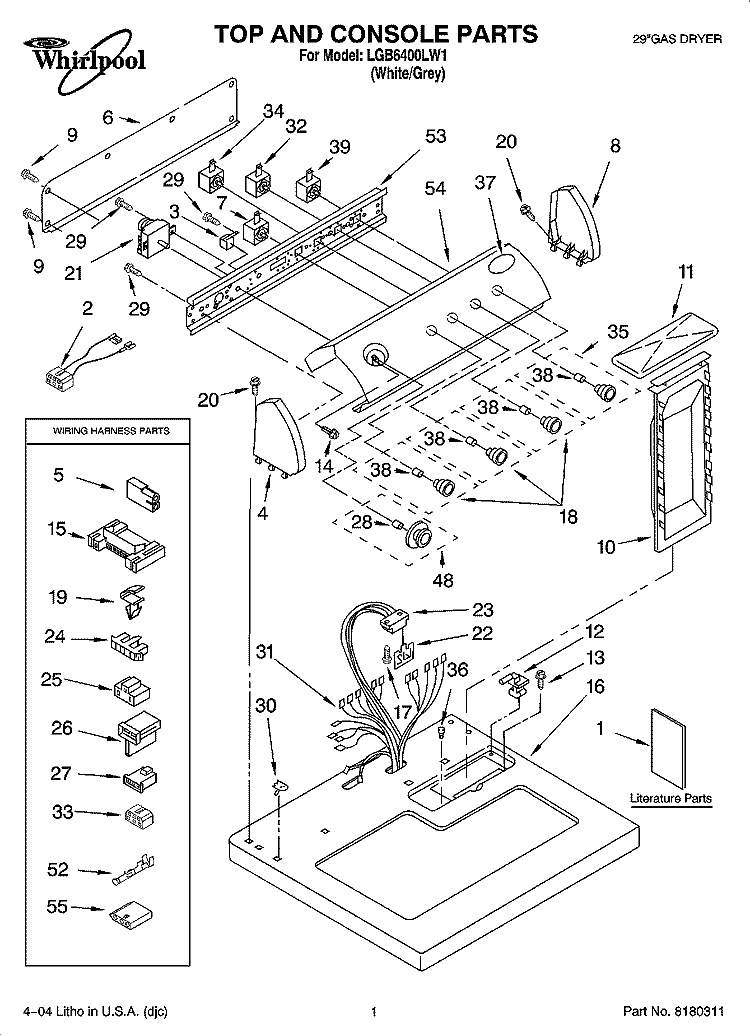 TOP AND CONSOLE PARTS Diagram and Parts List for LGB6400LW1  Whirlpool Dryer