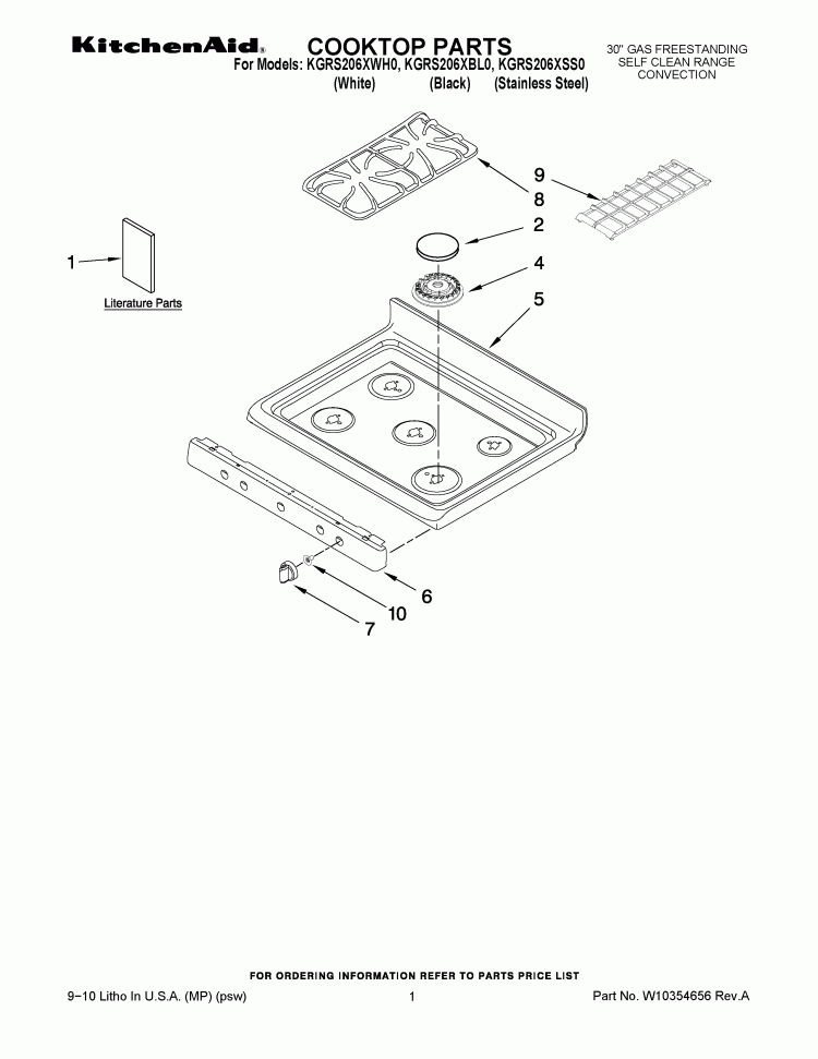 COOKTOP PARTS Diagram and Parts List for KGRS206XBL0  KitchenAid Range