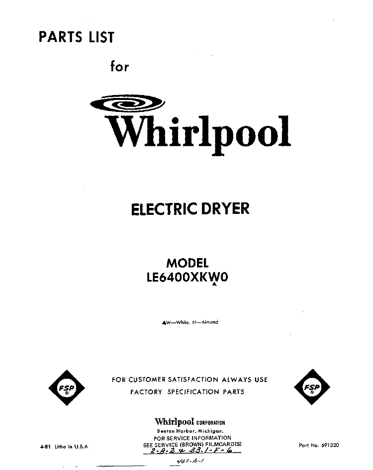 SECTION Diagram and Parts List for LE6400XKW0  Whirlpool Dryer