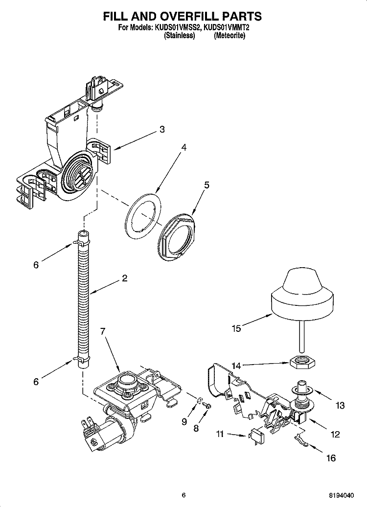 FILL AND OVERFILL PARTS Diagram and Parts List for KUDS01VMMT2  KitchenAid Dishwasher