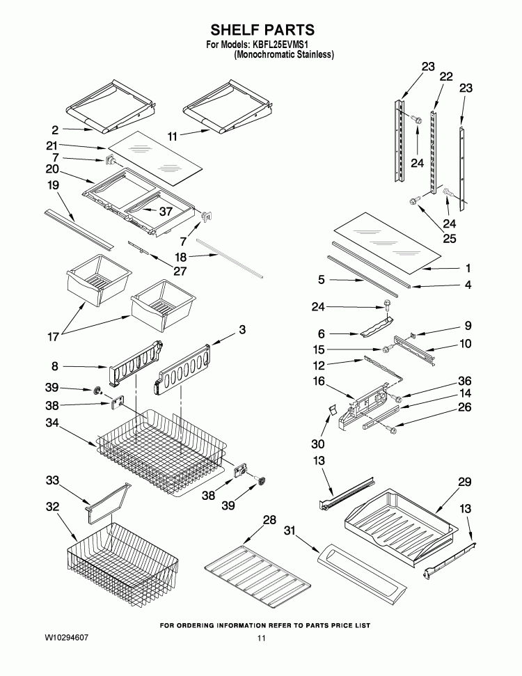 SHELF PARTS Diagram and Parts List for KBFL25EVMS1  KitchenAid Refrigerator