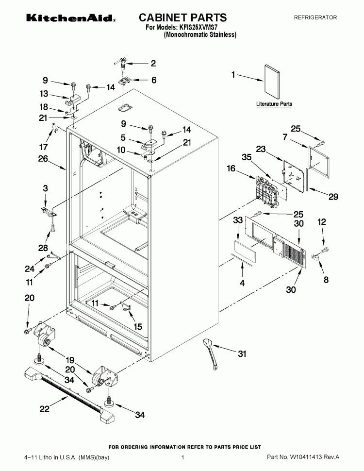CABINET PARTS Diagram and Parts List for KFIS25XVMS7  KitchenAid Refrigerator