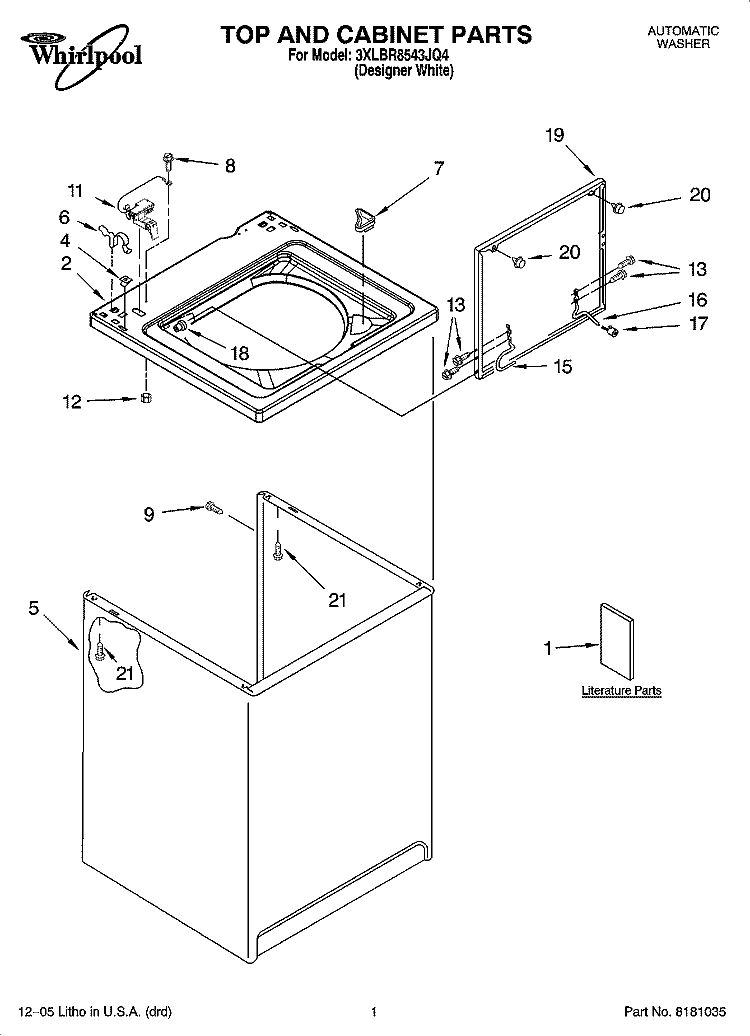 TOP AND CABINET PARTS Diagram and Parts List for 3XLBR8543JQ4  Whirlpool Washer