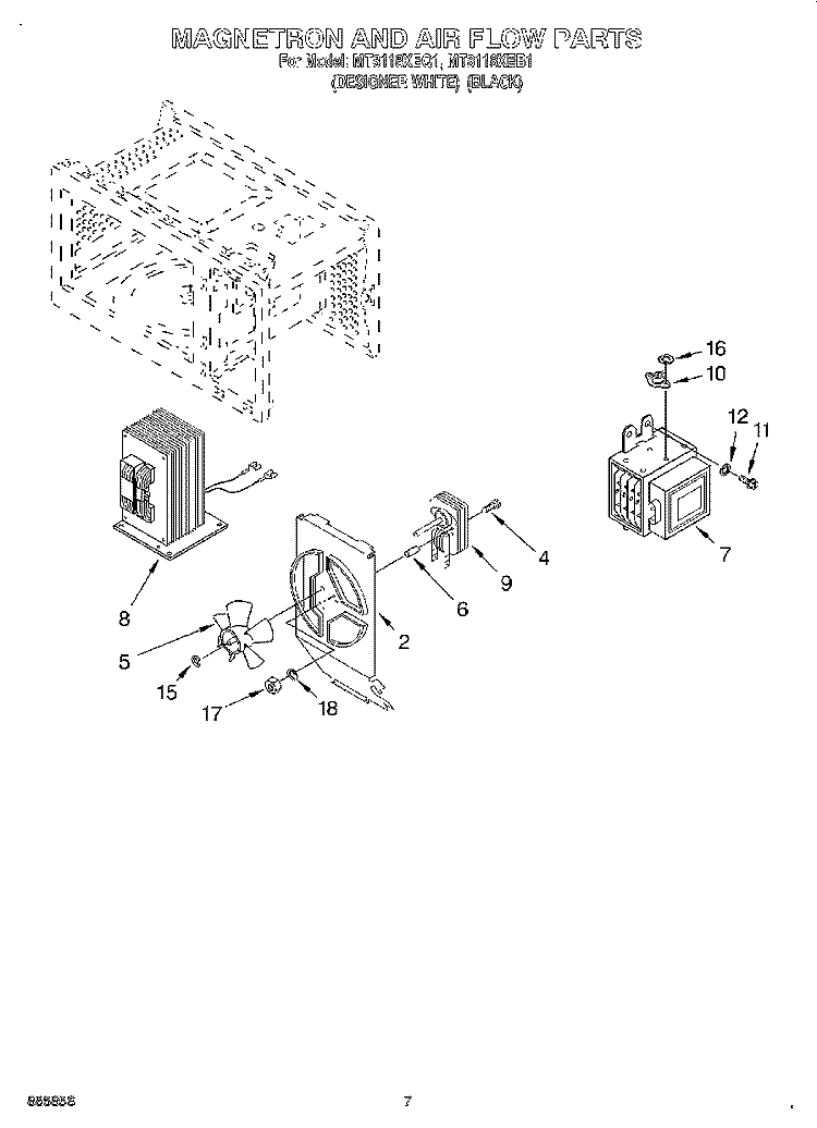 MAGNETRON AND AIR FLOW Diagram and Parts List for MT8118XEB1  Whirlpool Microwave