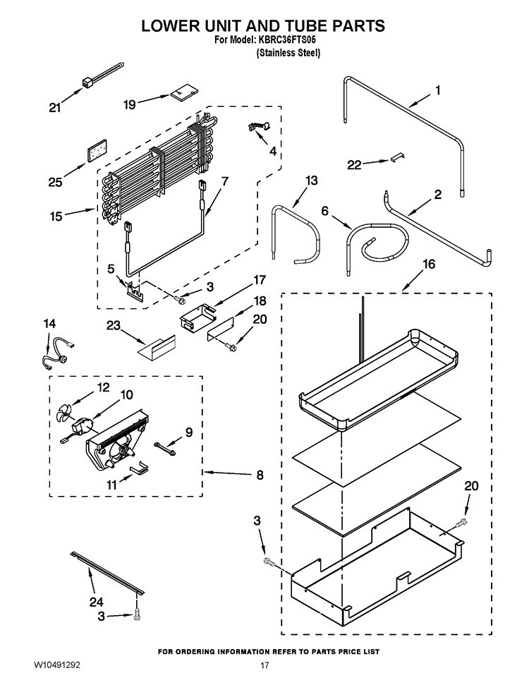 LOWER UNIT AND TUBE PARTS Diagram and Parts List for KBRC36FTS05  KitchenAid Refrigerator