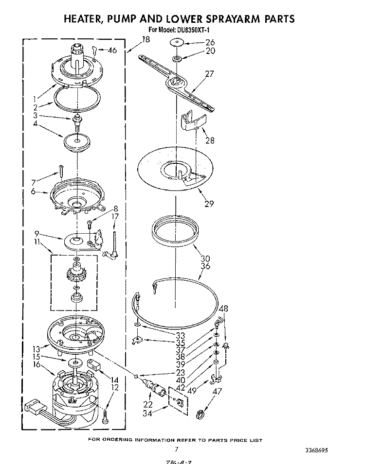 HEATER, PUMP AND LOWER SPRAY ARM Diagram and Parts List for DU8350XT1  Whirlpool Dishwasher