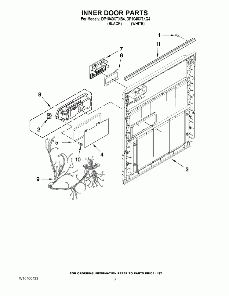 INNER DOOR PARTS Diagram and Parts List for DP1040XTXB4  Whirlpool Dishwasher