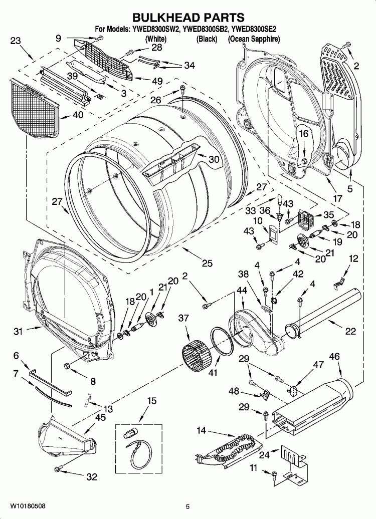 BULKHEAD PARTS Diagram and Parts List for YWED8300SE2  Whirlpool Dryer