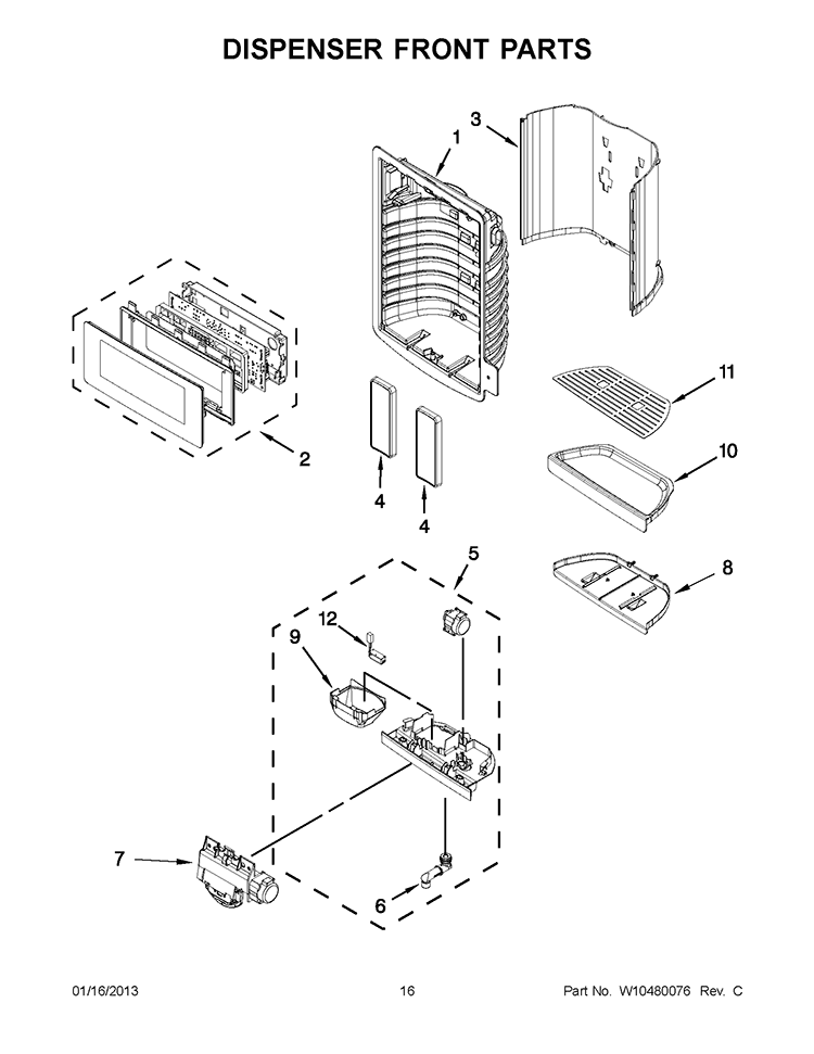 DISPENSER FRONT PARTS Diagram and Parts List for KFIS29PBMS00  KitchenAid Refrigerator