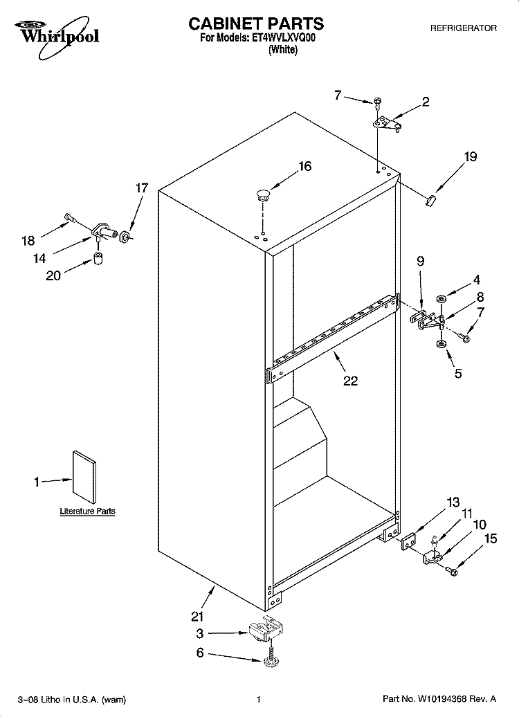 CABINET PARTS Diagram and Parts List for ET4WVLXVQ00  Whirlpool Refrigerator