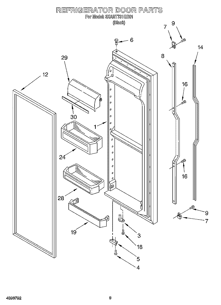 REFRIGERATOR DOOR Diagram and Parts List for 3XART731GB01  Whirlpool Refrigerator