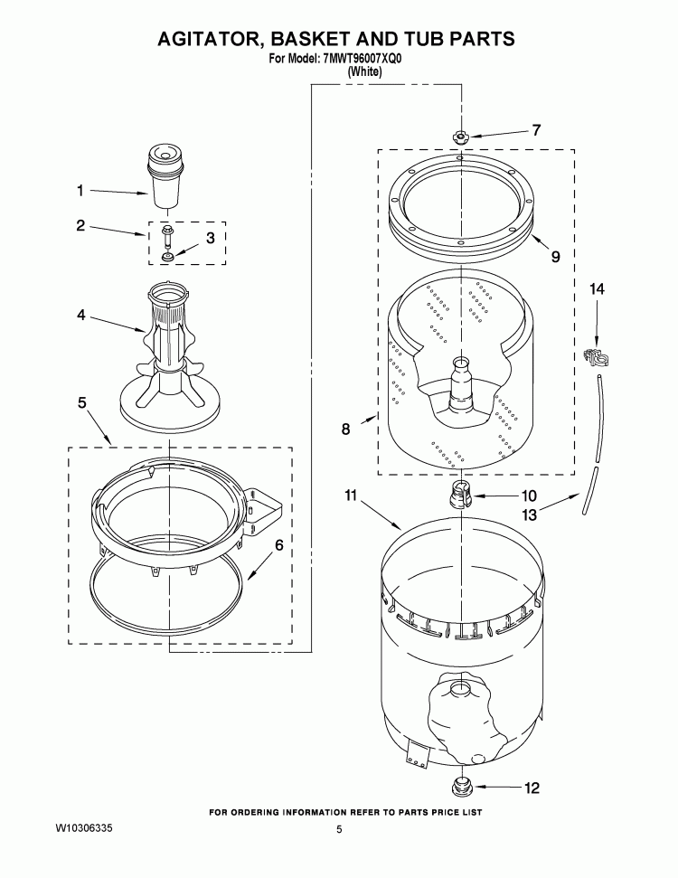 AGITATOR, BASKET AND TUB PARTS Diagram and Parts List for 7MWT96007XQ0  Whirlpool Washer
