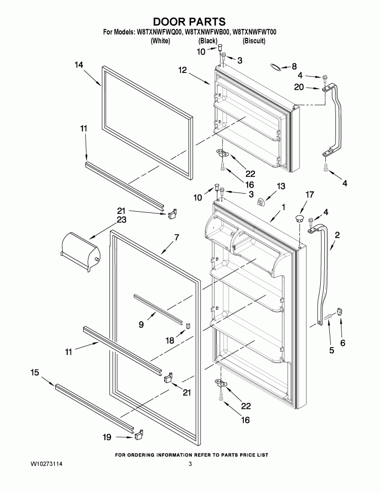 DOOR PARTS Diagram and Parts List for W8TXNWFWB00  Whirlpool Refrigerator
