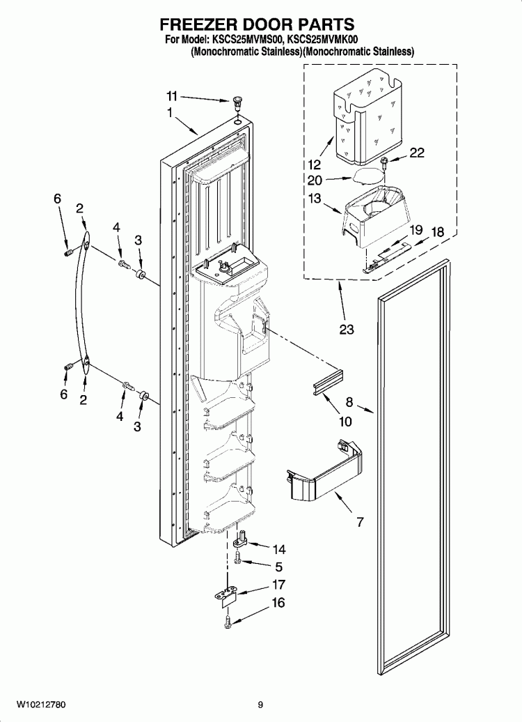 FREEZER DOOR PARTS Diagram and Parts List for KSCS25MVMK00  KitchenAid Refrigerator