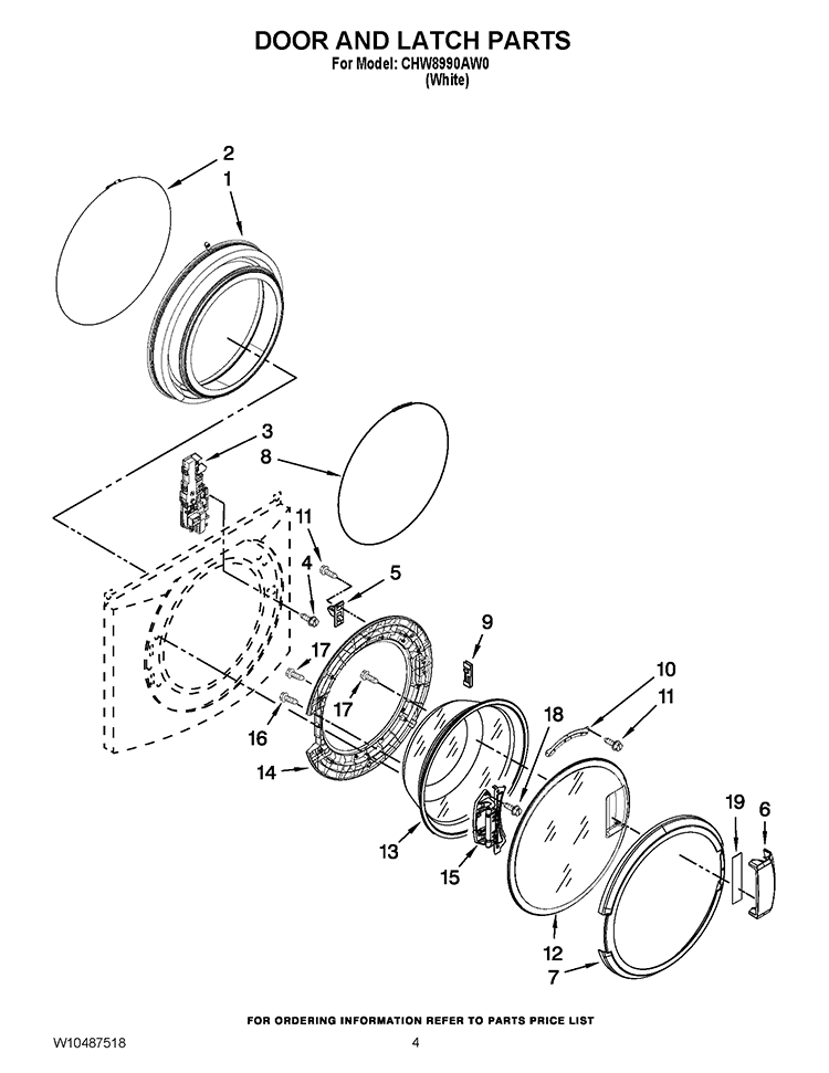 DOOR AND LATCH PARTS Diagram and Parts List for CHW8990AW0  Whirlpool Washer