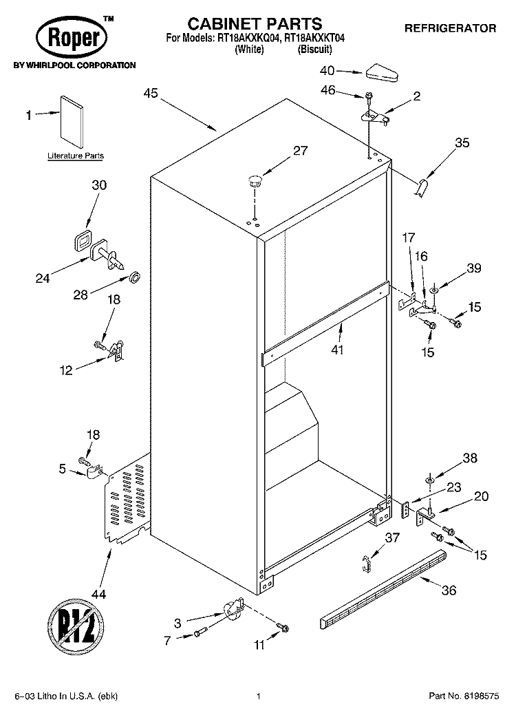 CABINET PARTS Diagram and Parts List for RT18AKXKQ04  Roper Refrigerator