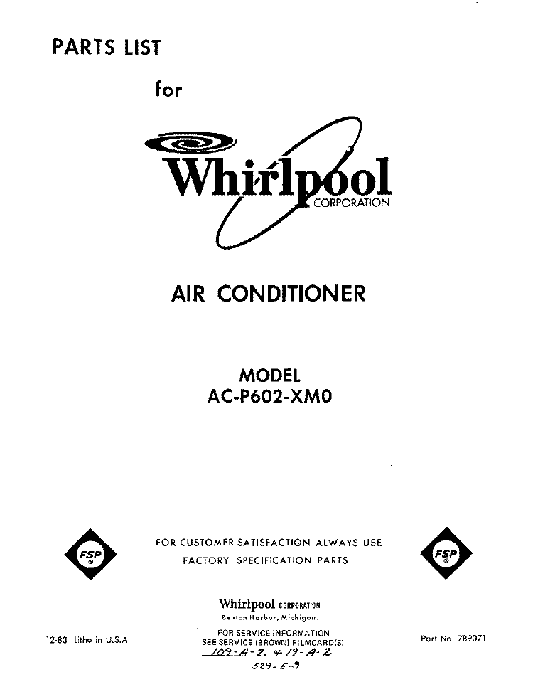 COVER Diagram and Parts List for ACP602XM0  Whirlpool Air Conditioner