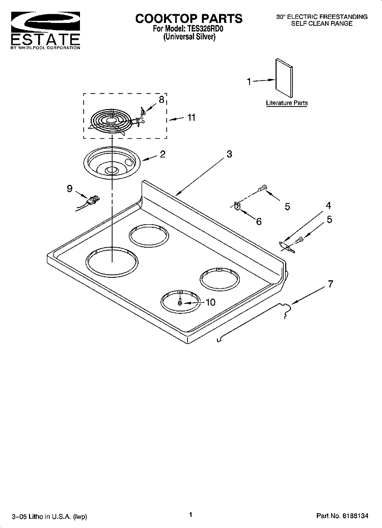 COOKTOP PARTS Diagram and Parts List for TES326RD0  Estate Range