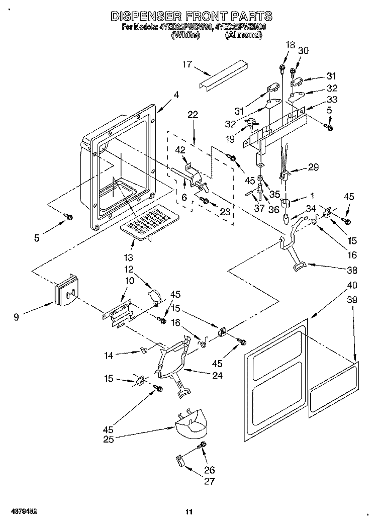 DISPENSER FRONT Diagram and Parts List for 4YED25PWBW00  Whirlpool Refrigerator