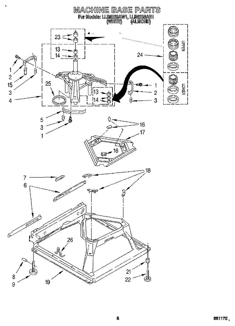 MACHINE BASE Diagram and Parts List for LLR6233AW1  Whirlpool Washer