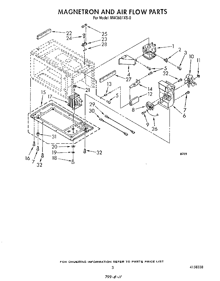 MAGNETRON AND AIR FLOW Diagram and Parts List for MW3601XS0  Whirlpool Microwave