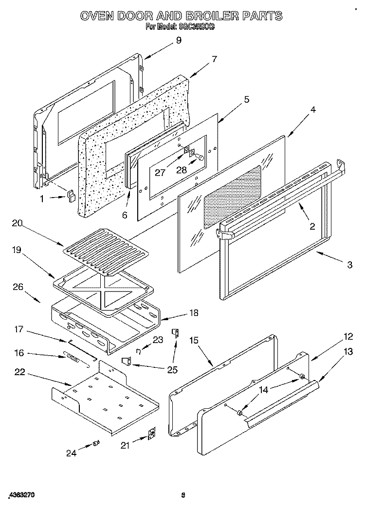 OVEN DOOR AND BROILER Diagram and Parts List for SGC355XX3  Roper Range