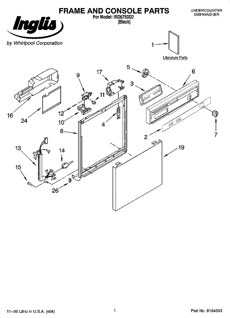 FRAME AND CONSOLE PARTS Diagram and Parts List for IRD6750D2  Inglis Dishwasher