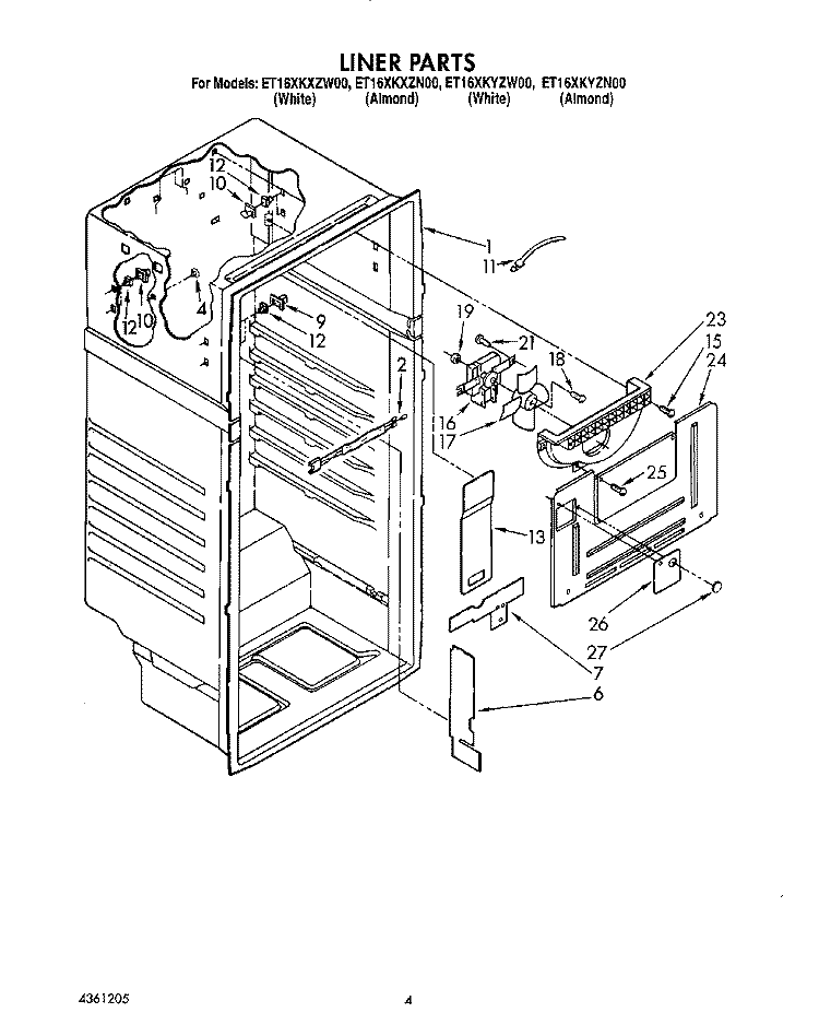 LINER Diagram and Parts List for ET16XKYZN00  Whirlpool Refrigerator