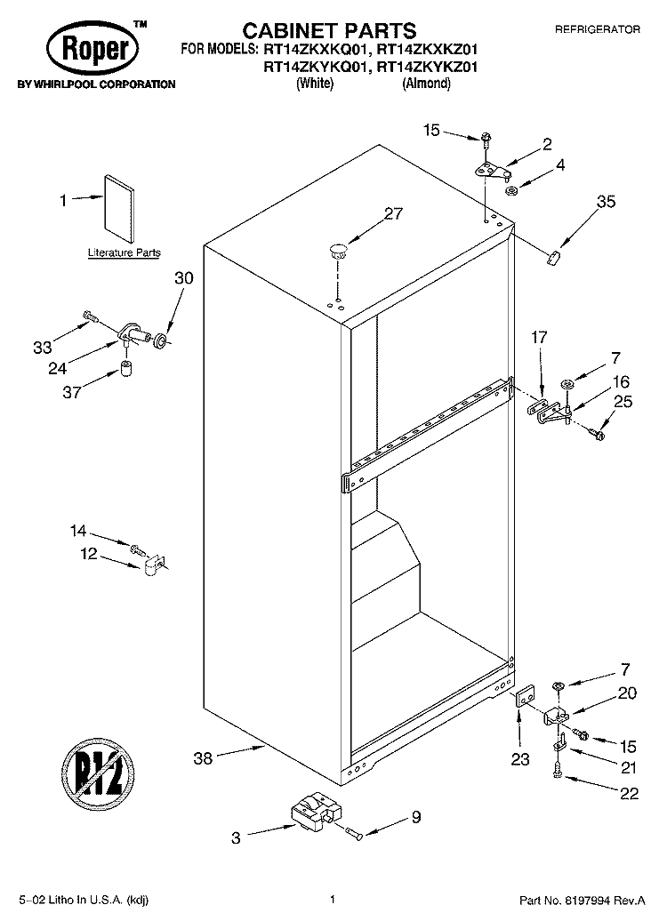 CABINET, LITERATURE Diagram and Parts List for RT14ZKYKQ01  Roper Refrigerator