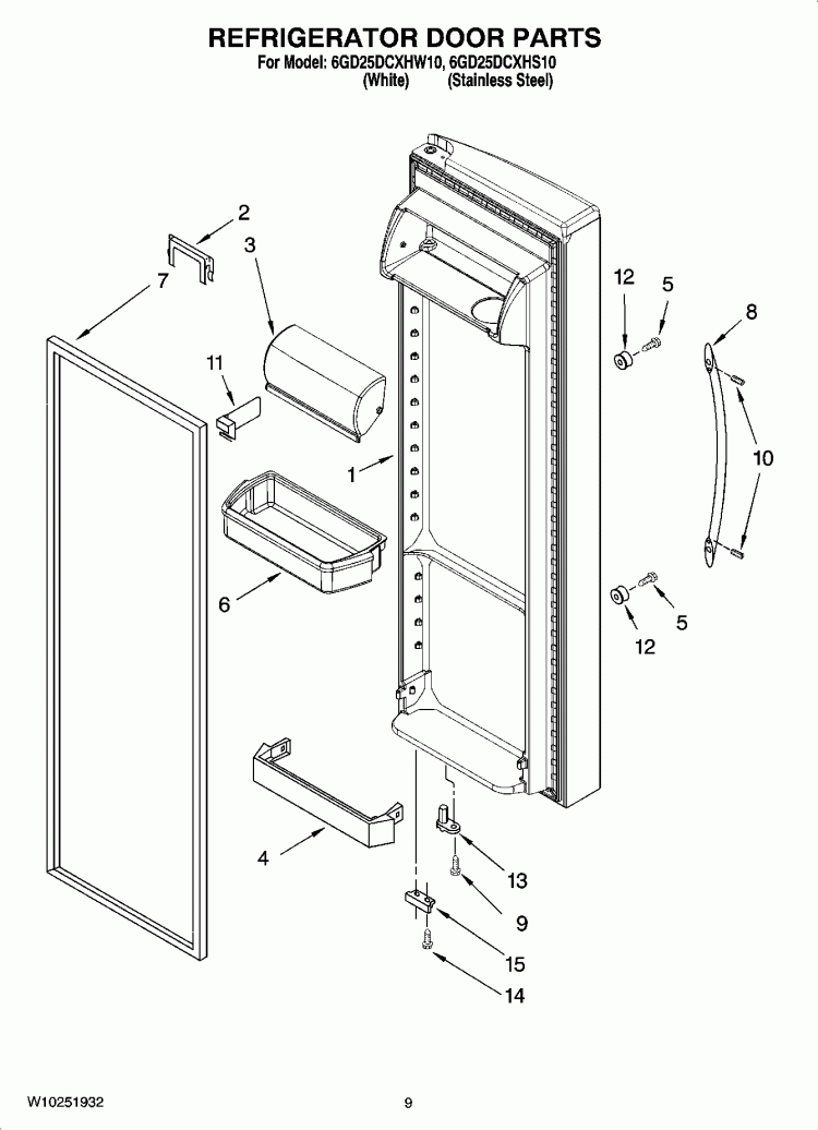 REFRIGERATOR DOOR PARTS Diagram and Parts List for 6GD25DCXHS10  Whirlpool Refrigerator