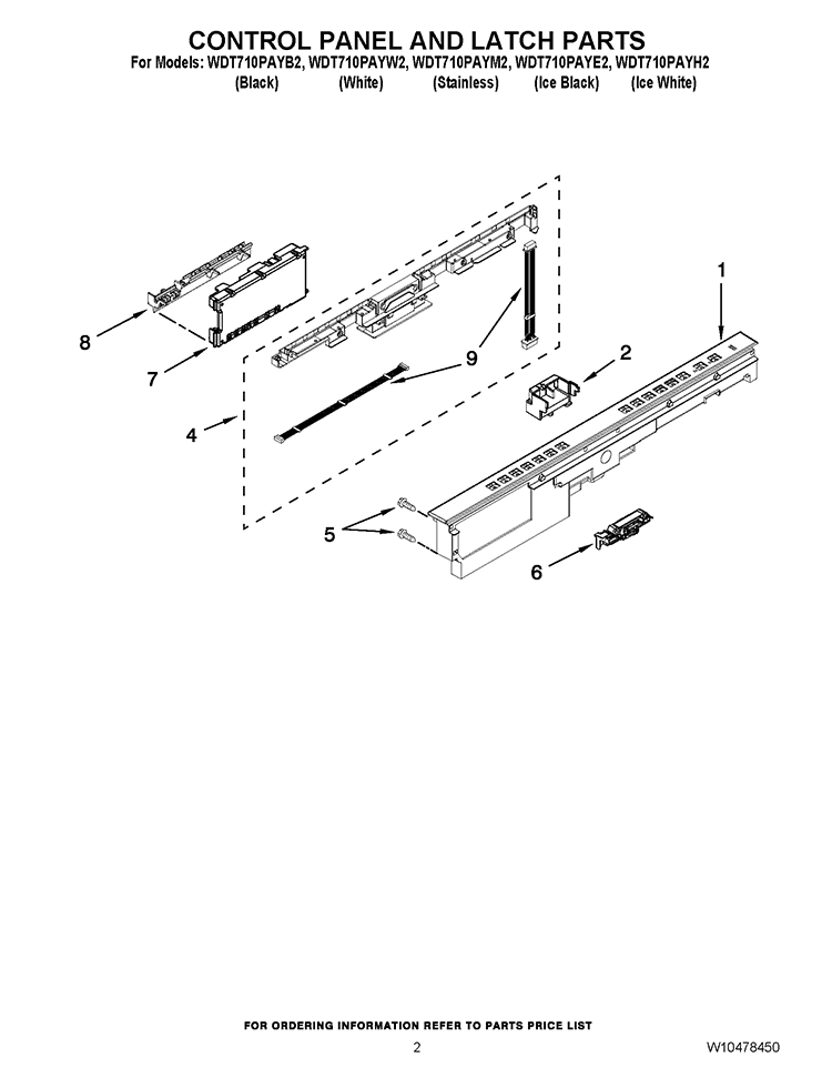 CONTROL PANEL AND LATCH PARTS Diagram and Parts List for WDT710PAYM2  Whirlpool Dishwasher