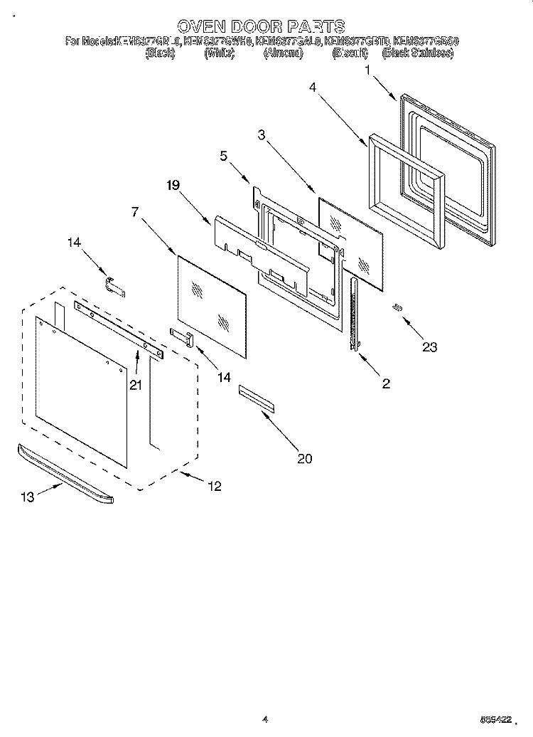 OVEN DOOR Diagram and Parts List for KEMS377GAL0  KitchenAid Microwave Oven Combo