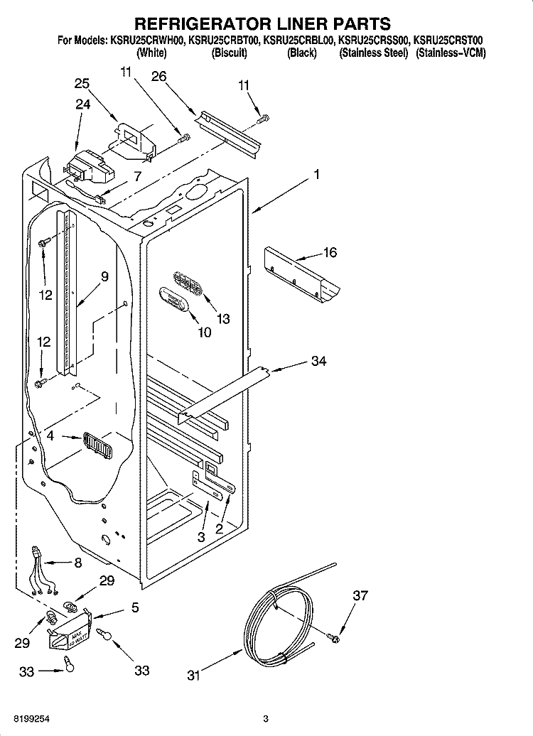 REFRIGERATOR LINER PARTS Diagram and Parts List for KSRU25CRBL00  KitchenAid Refrigerator