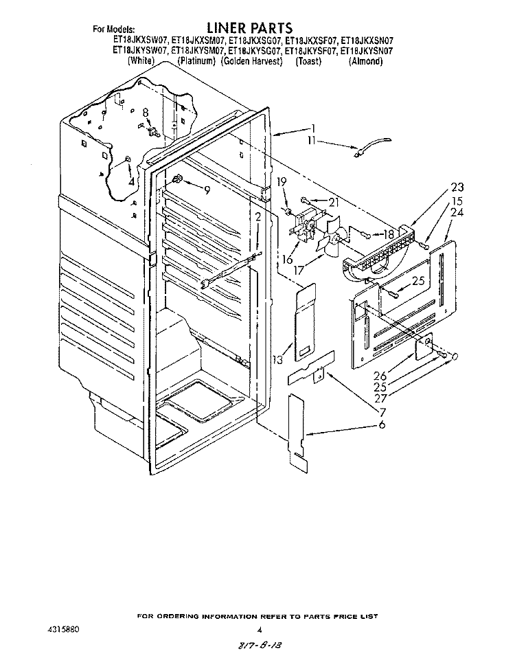 LINER Diagram and Parts List for ET18JKYSG07  Whirlpool Refrigerator