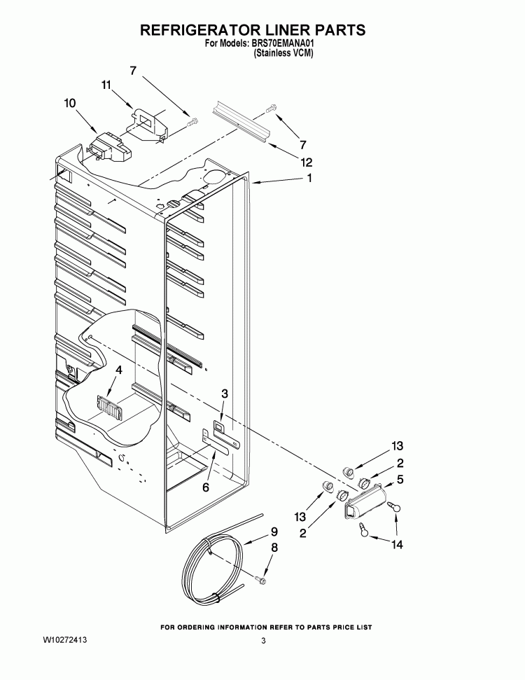REFRIGERATOR LINER PARTS Diagram and Parts List for BRS70EMANA01  Whirlpool Refrigerator