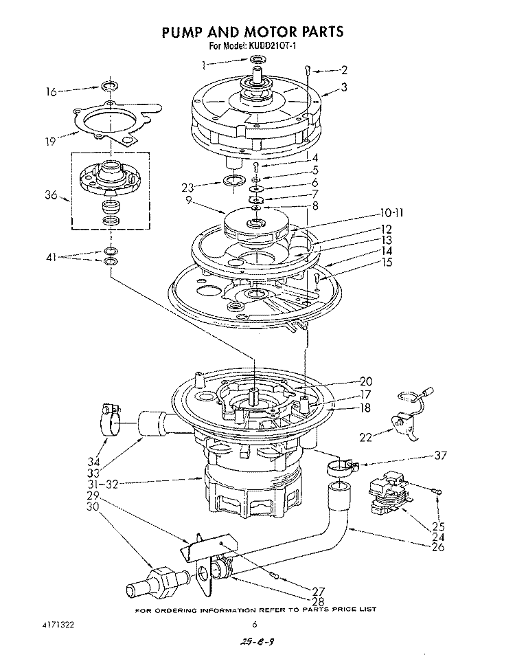 PUMP AND MOTOR Diagram and Parts List for KUDD210T1  KitchenAid Dishwasher