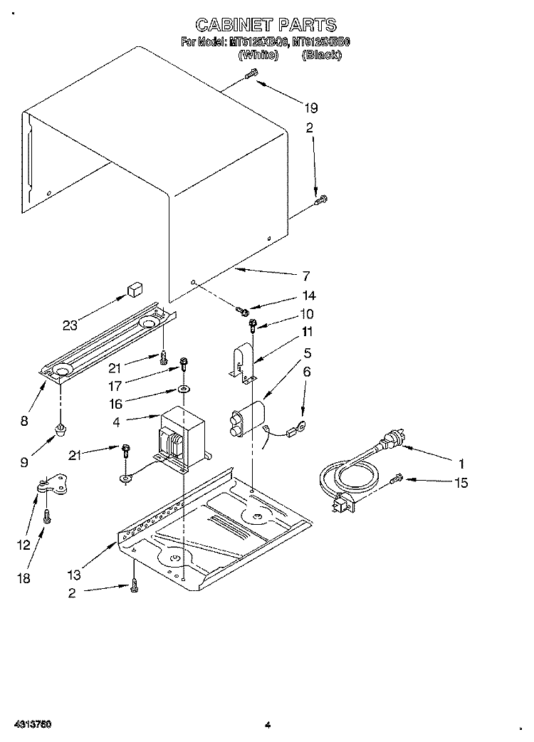 CABINET Diagram and Parts List for MT6125XBB0  Whirlpool Microwave