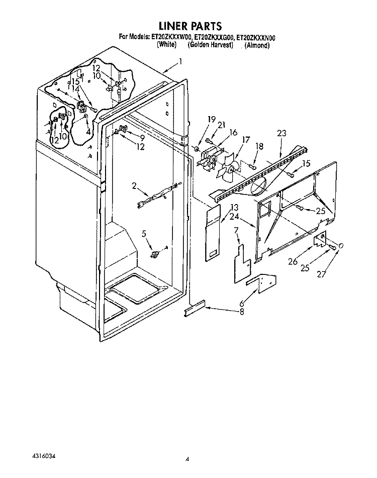 LINER Diagram and Parts List for ET20ZKXXG00  Whirlpool Refrigerator