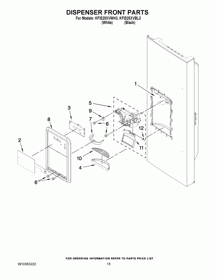 DISPENSER FRONT PARTS Diagram and Parts List for KFIS25XVBL3  KitchenAid Refrigerator