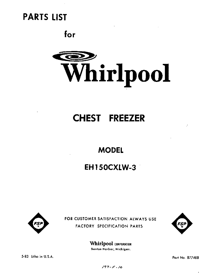 SECTION Diagram and Parts List for EH150CXLW3  Whirlpool Freezer