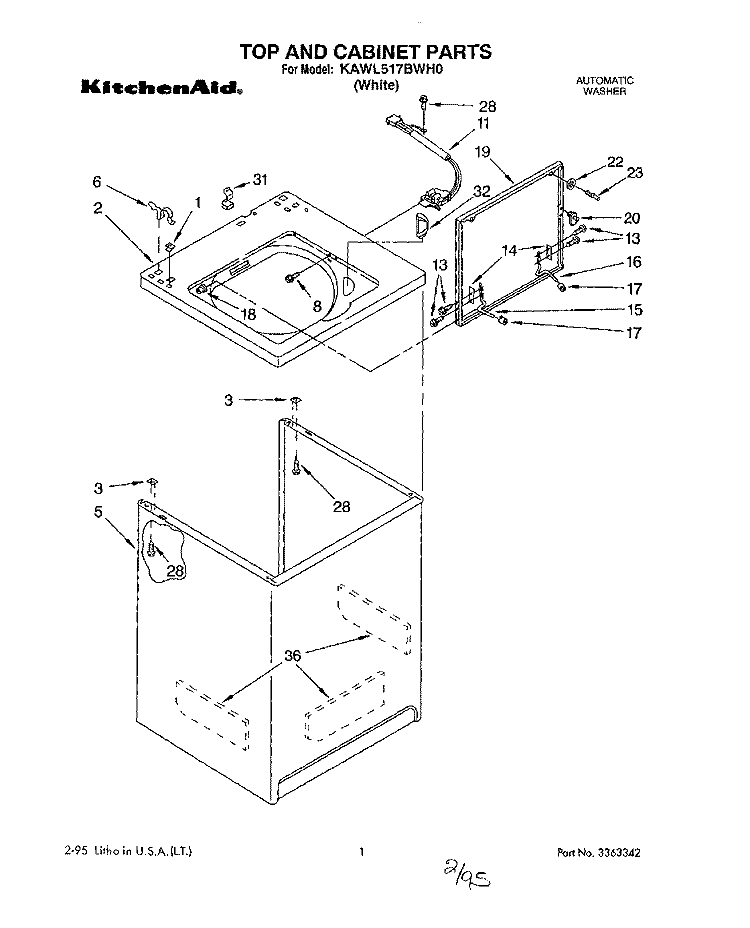 TOP AND CABINET, LIT/OPTIONAL Diagram and Parts List for KAWL517BWH0  KitchenAid Washer