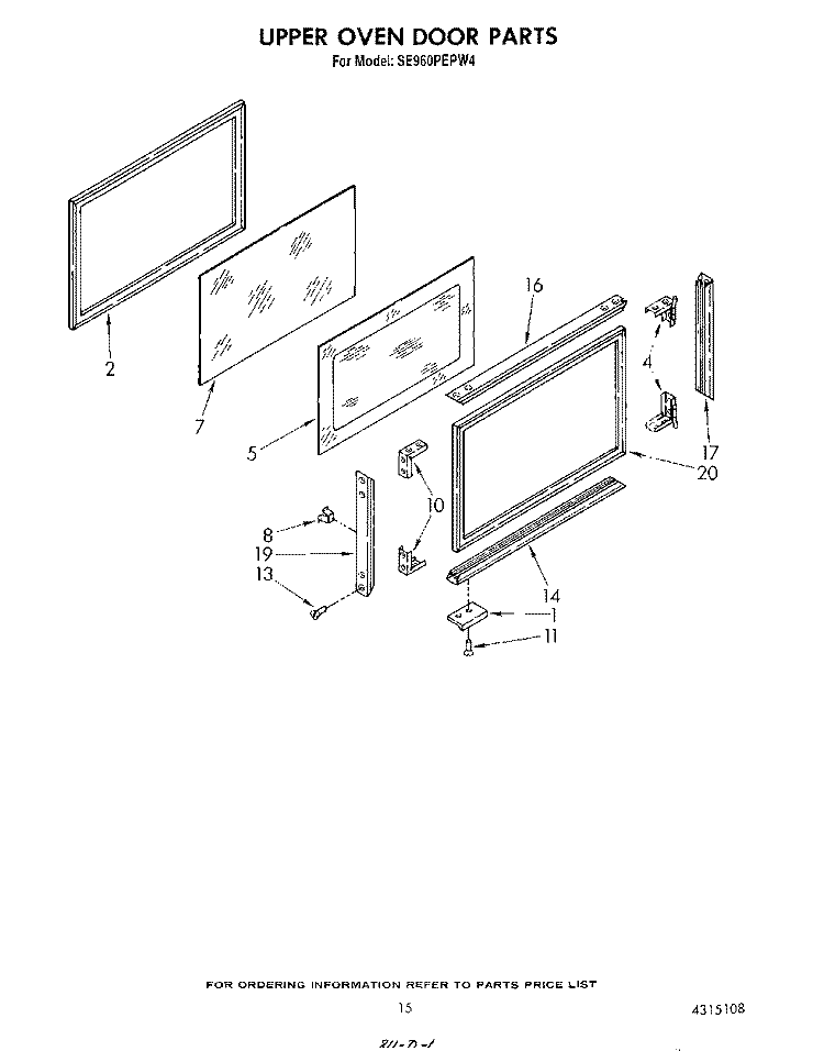 UPPER OVEN DOOR Diagram and Parts List for SE960PEPW4  Whirlpool Range