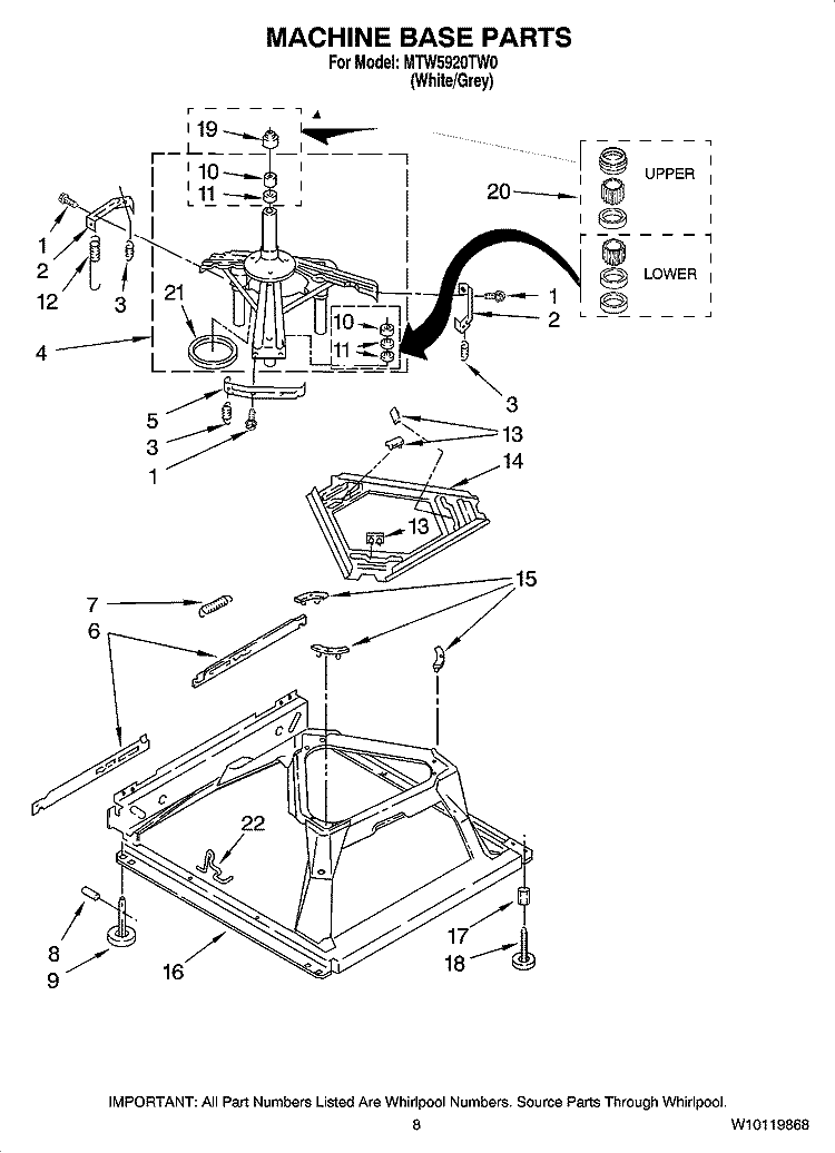MACHINE BASE PARTS Diagram and Parts List for MTW5920TW0  Whirlpool Washer