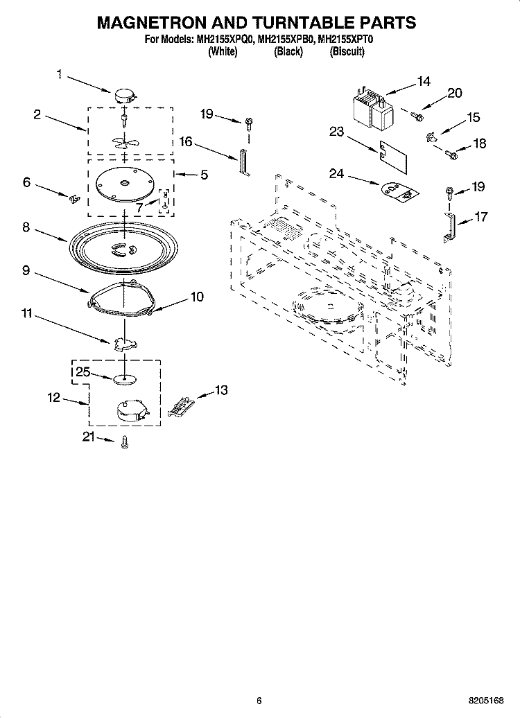 MAGNETRON AND TURNTABLE PARTS Diagram and Parts List for MH2155XPB0  Whirlpool Microwave