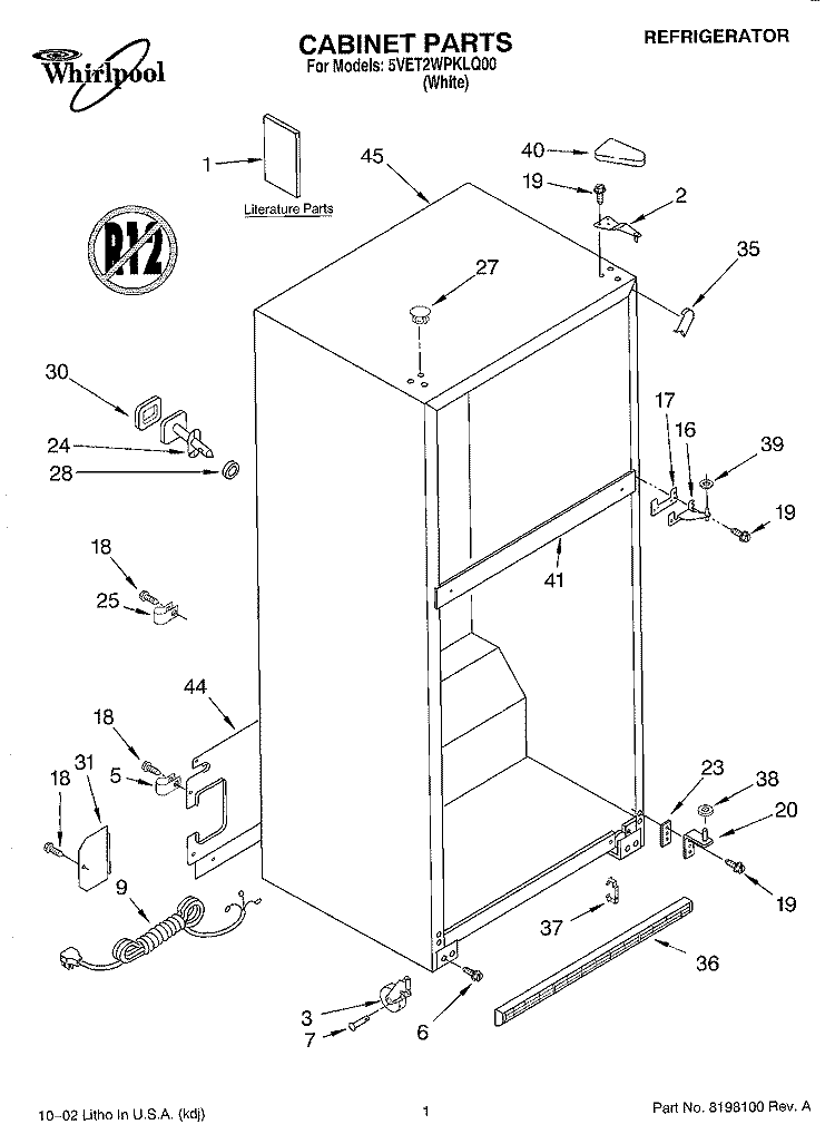 CABINET, LITERATURE Diagram and Parts List for 5VET2WPKLQ00  Whirlpool Refrigerator