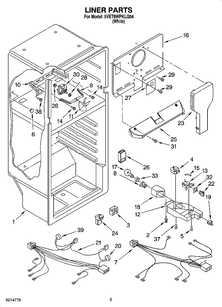 LINER PARTS Diagram and Parts List for 5VET8WPKLQ04  Whirlpool Refrigerator