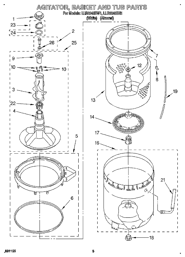 AGITATOR, BASKET AND TUB Diagram and Parts List for LLR8245BN1  Whirlpool Washer
