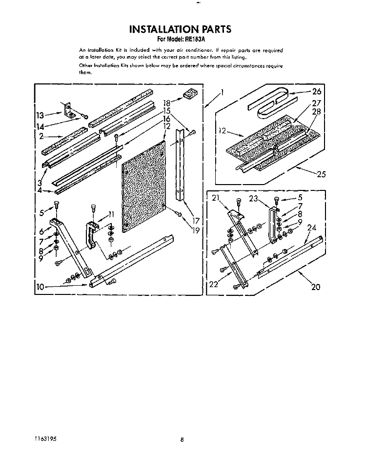 INSTALLATION PARTS Diagram and Parts List for RE183A  Whirlpool Air Conditioner