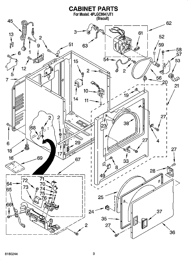 CABINET PARTS Diagram and Parts List for 4PLGC8647JT1  Whirlpool Dryer