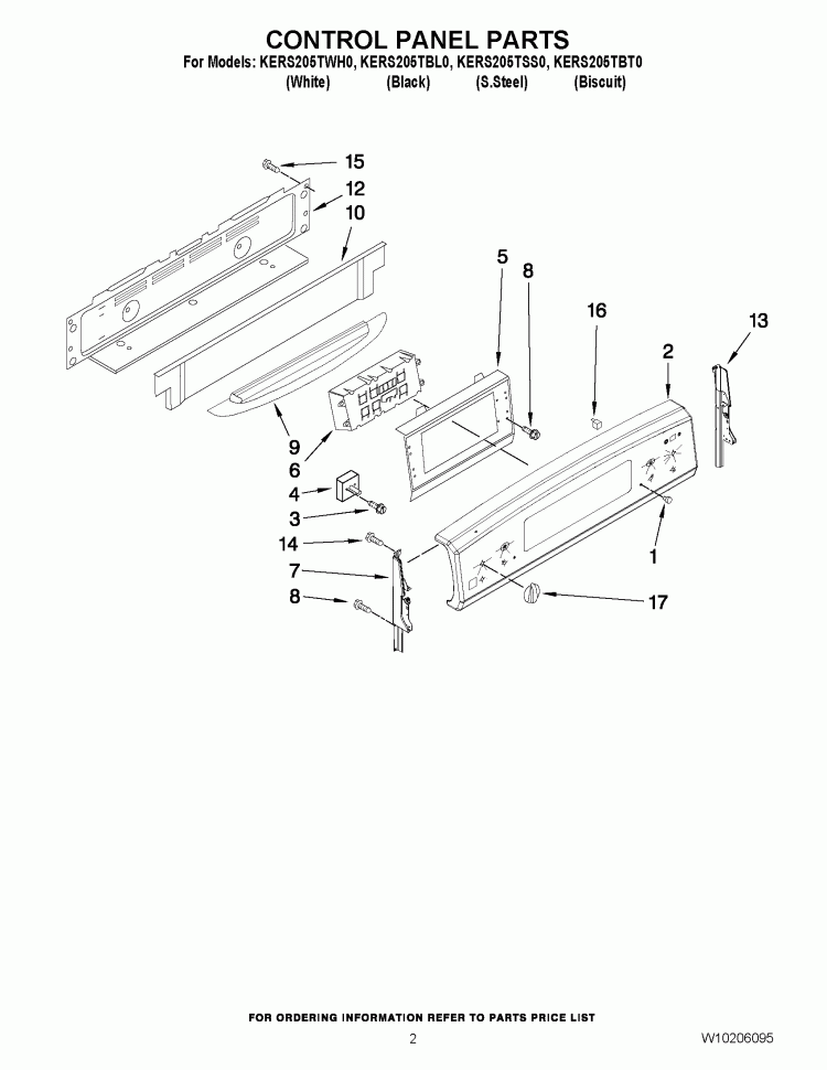 CONTROL PANEL PARTS Diagram and Parts List for KERS205TBT0  KitchenAid Range